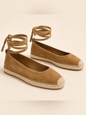 Zara Camel Suede Ankle Wrap Espadrille Flats NWOT /37